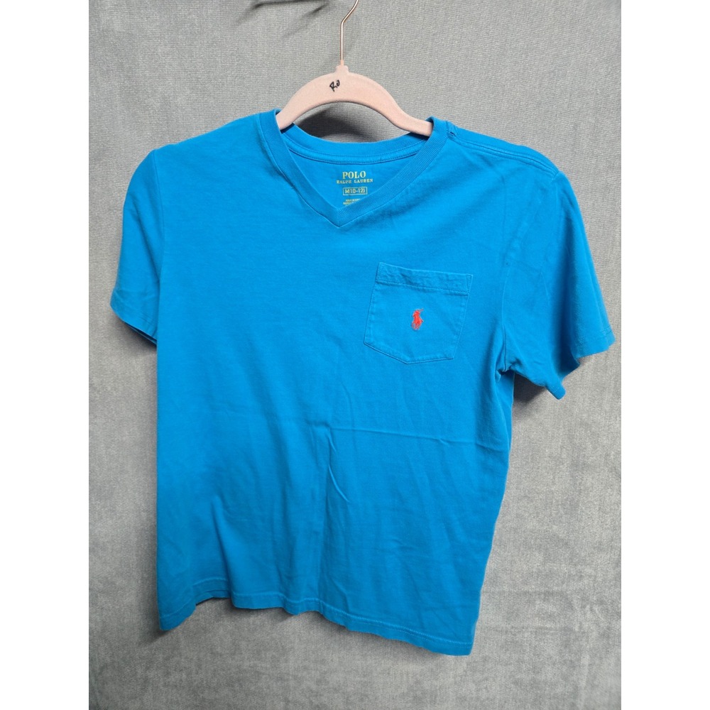 Polo Ralph Lauren Boys Blue V-Neck Pocket T-Shirt Size M 10-12 Cotton Red Pony